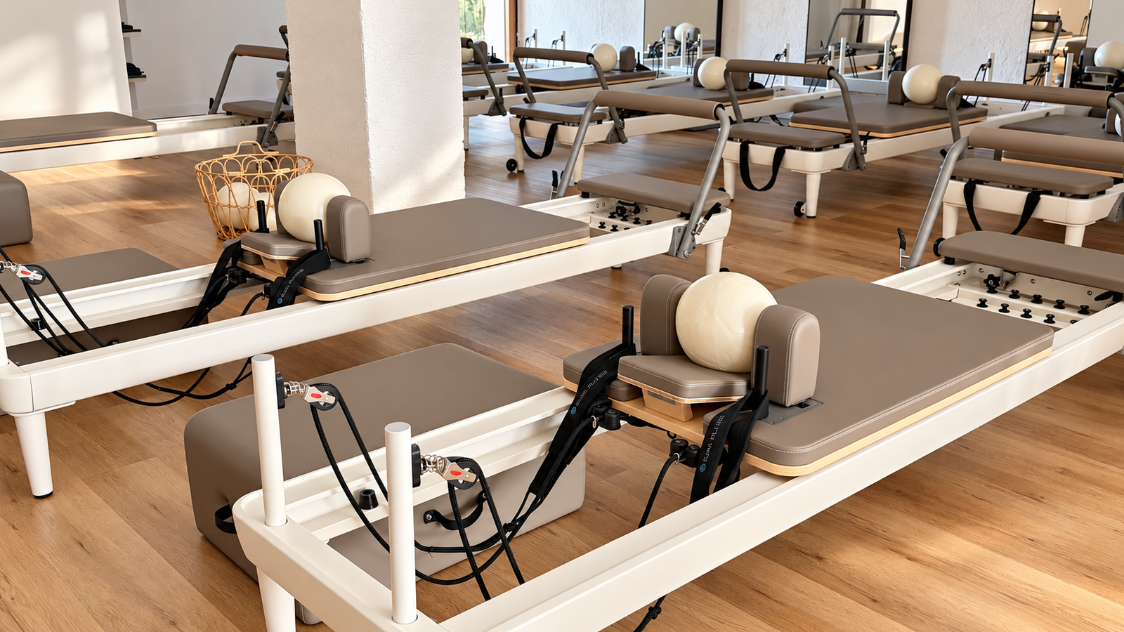 Clase de pilates con máquinas Reformer y Cadillac